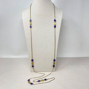 Vintage Long Necklace‎ Blue Gold-Tone Chain Layering Classic Old Money